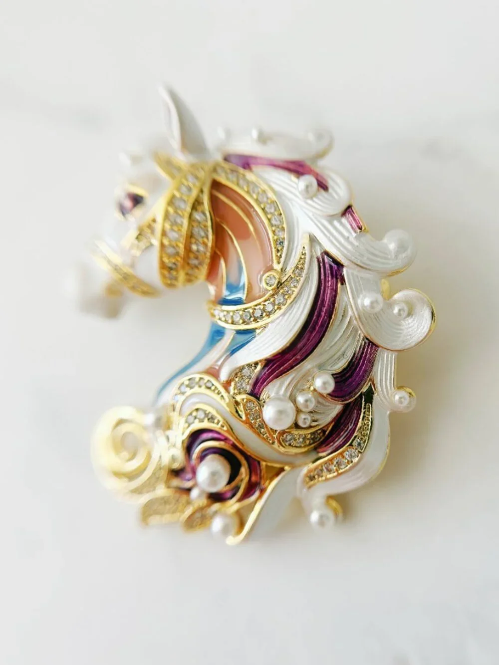 Horse Head Brooch Pin with Multicolor Details, Rhinestones & Gold Tone Finish